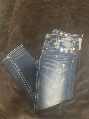 Miss Me Dark Blue Skinny Jeans with Embellished Pocket